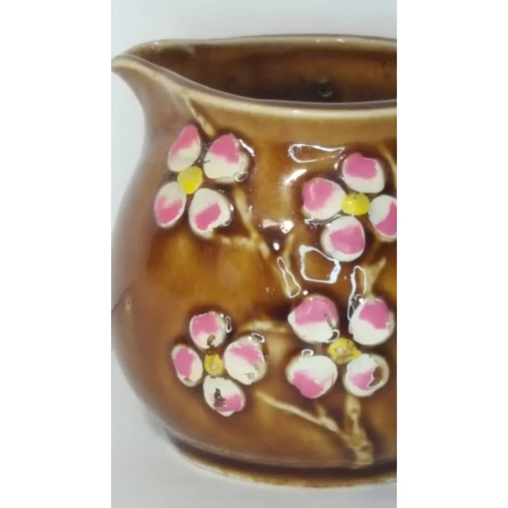 Vintage Japanese Creamer Brown Pink Cherry Blossums Made‎ in Japan Mid Century
